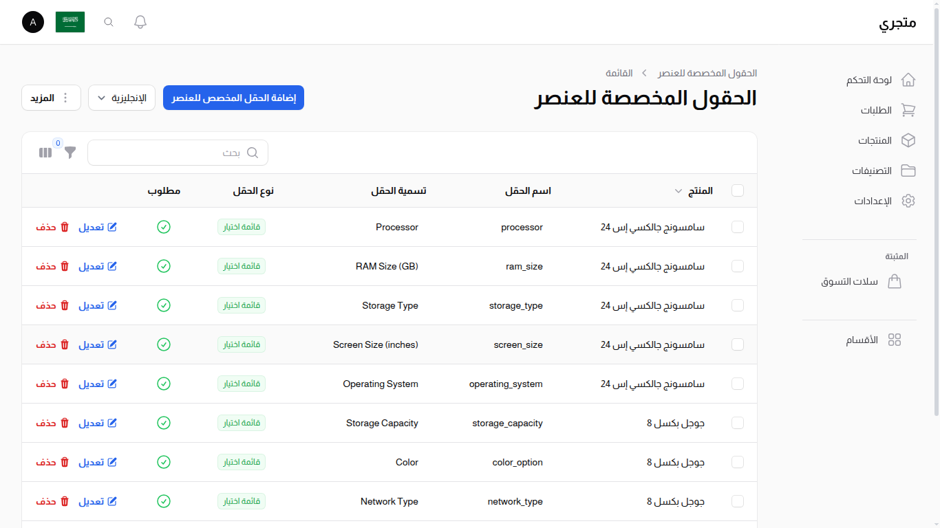 حقول المنتج المخصصة