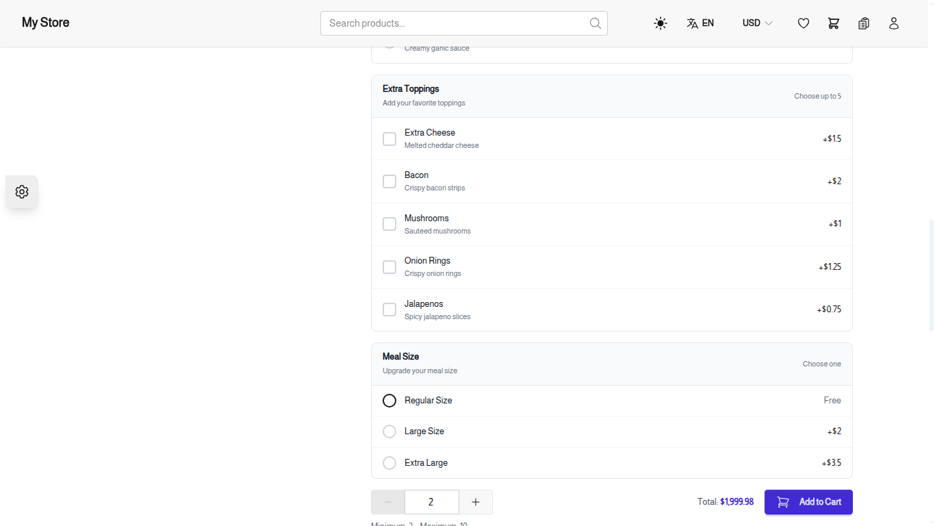 Customer Addon Selection