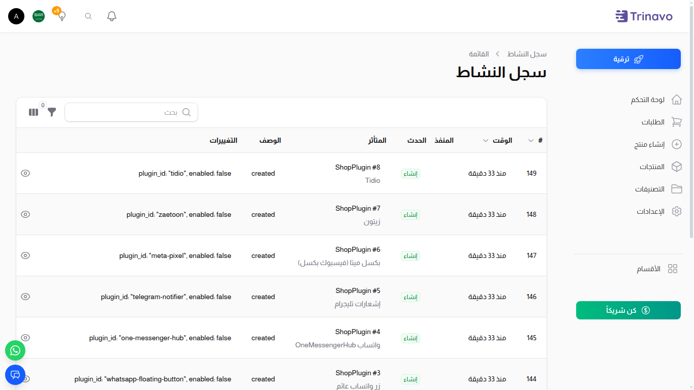 جدول سجل النشاط بأعمدة الوقت والمنفذ والحدث والمتأثر والتغييرات