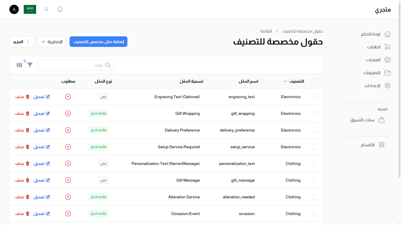 قائمة الحقول المخصصة للتصنيفات