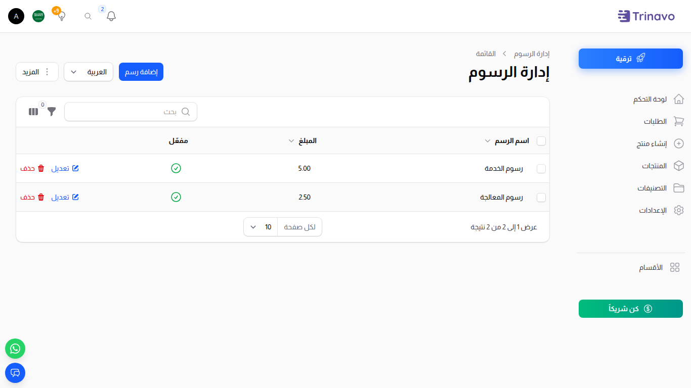 قائمة الرسوم — عرض بديل مدمج يُستخدم عند التصفية حسب النطاق أو قابلية التطبيق