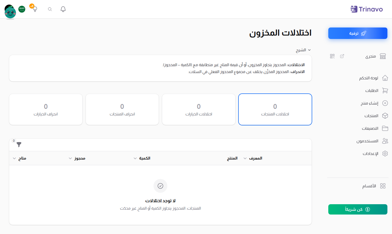 تقرير تباينات المخزون مع مُحدِّد طريقة العرض
