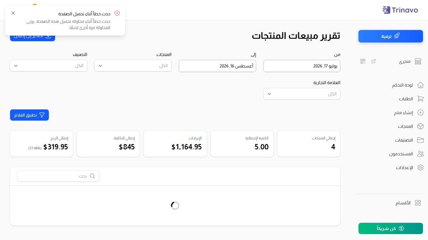 تقرير مبيعات المنتجات، مع الكمية والإيرادات والتكلفة والربح لكل منتج