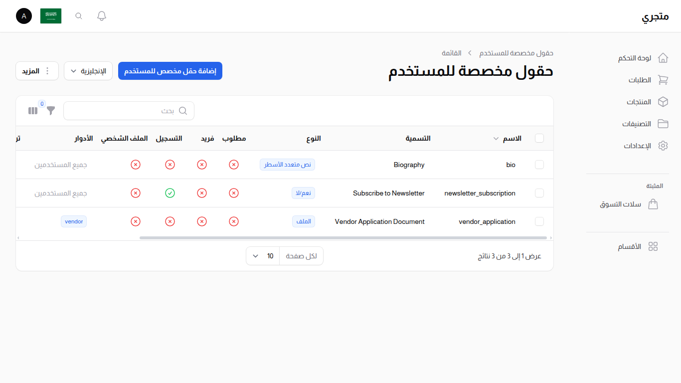 قائمة الحقول المخصصة للمستخدمين