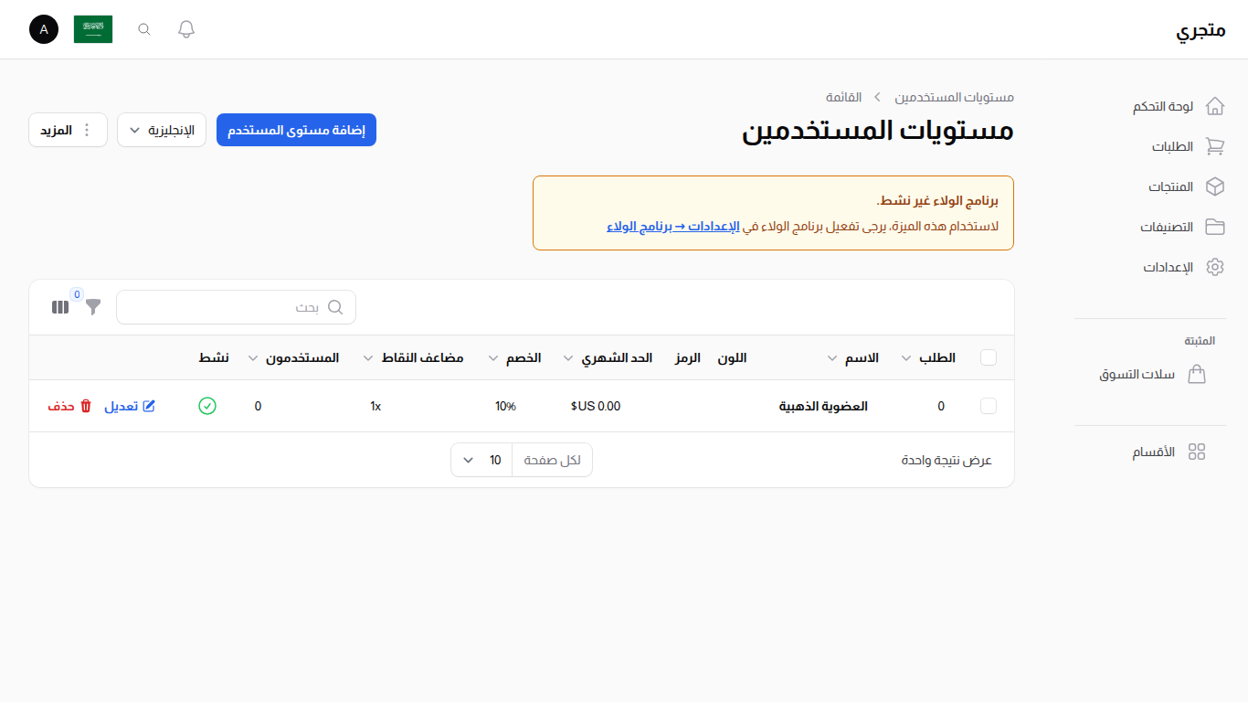 قائمة مستويات المستخدمين