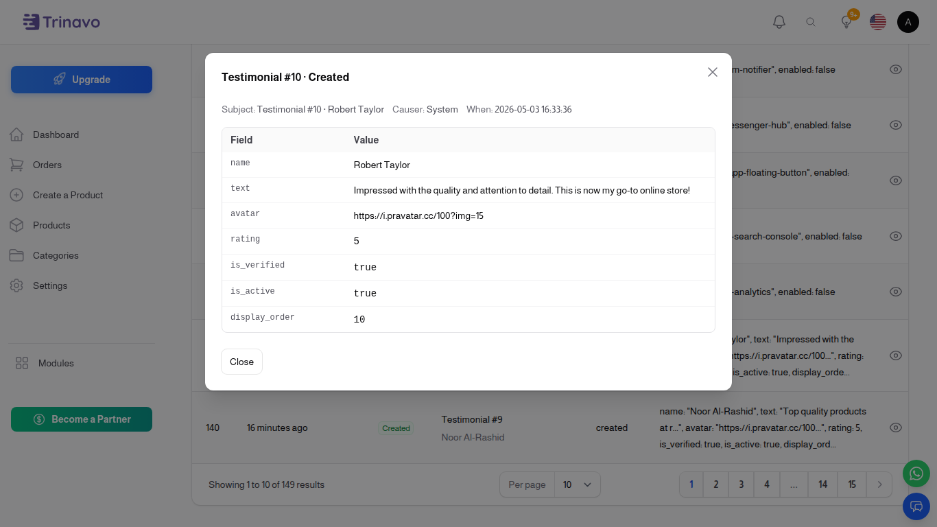 Changes modal showing field-level diff for a created Testimonial record