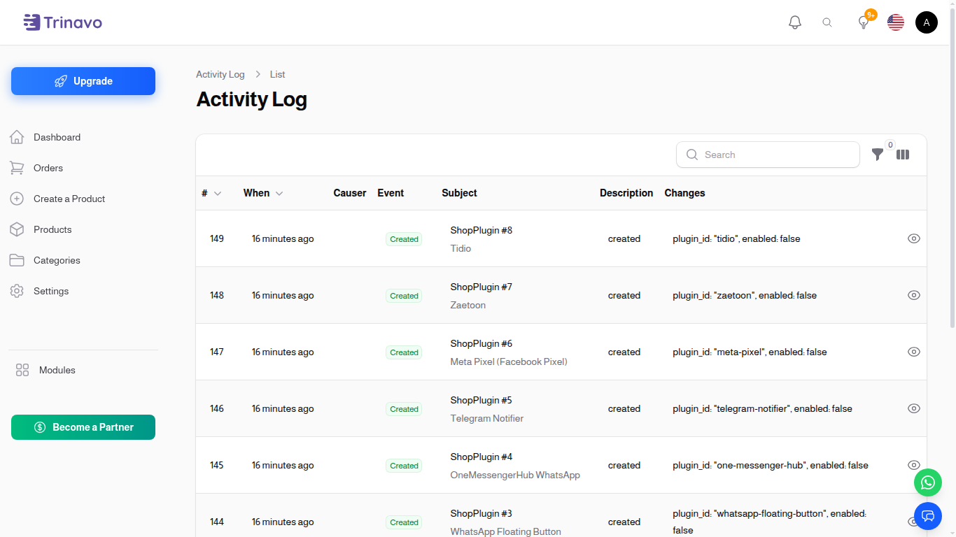 Activity Log table with When, Causer, Event, Subject, and Changes columns