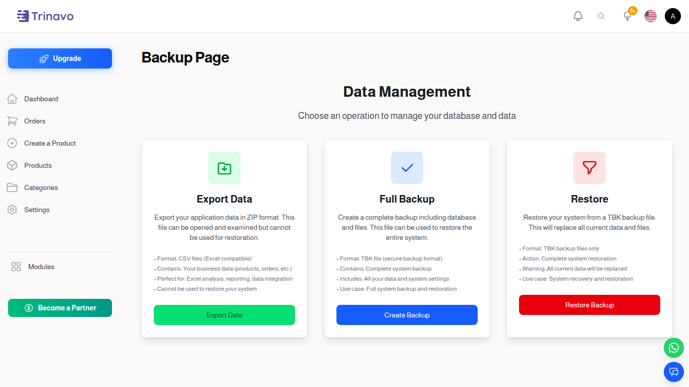 Backup & Restore page with the three operation cards