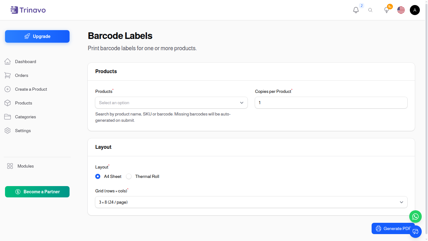 Barcode Labels page with Products, Layout, and the Generate PDF button