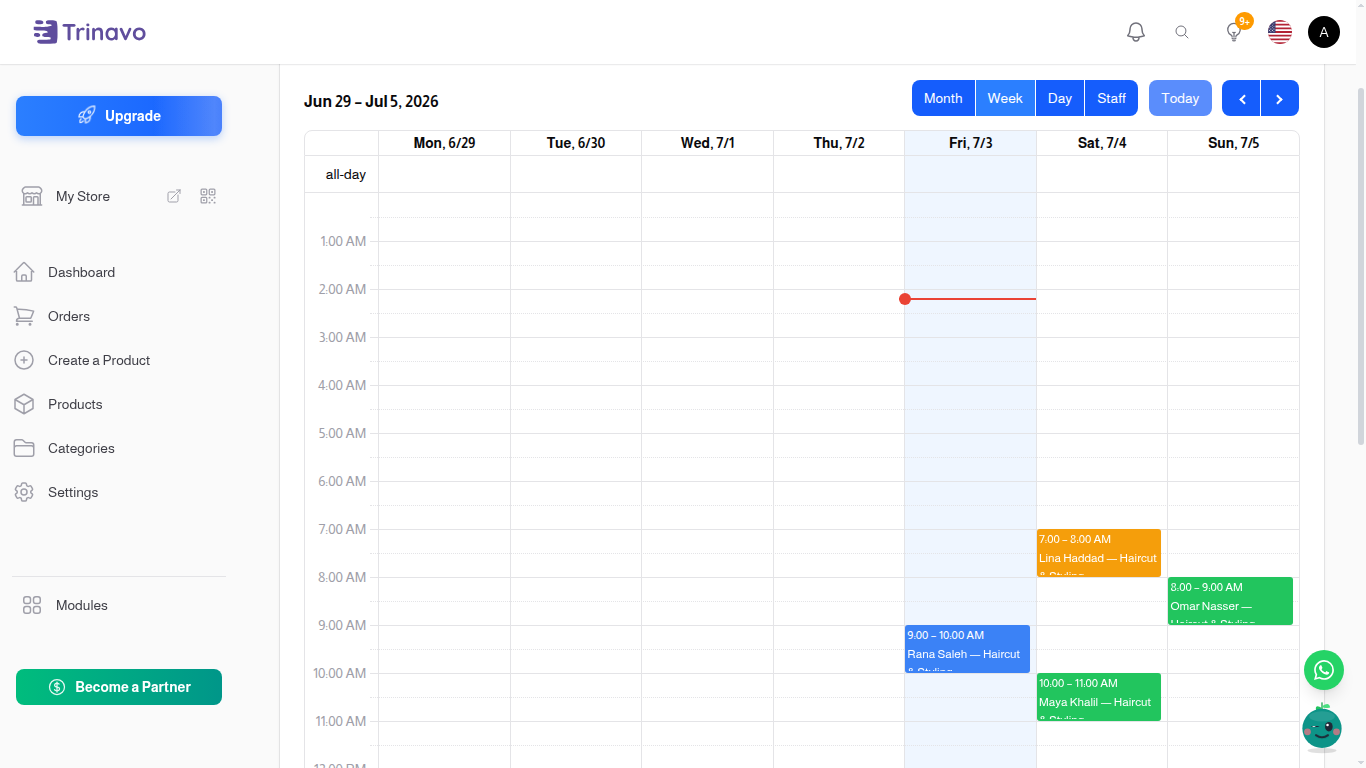 Week view of the booking calendar with color-coded appointments