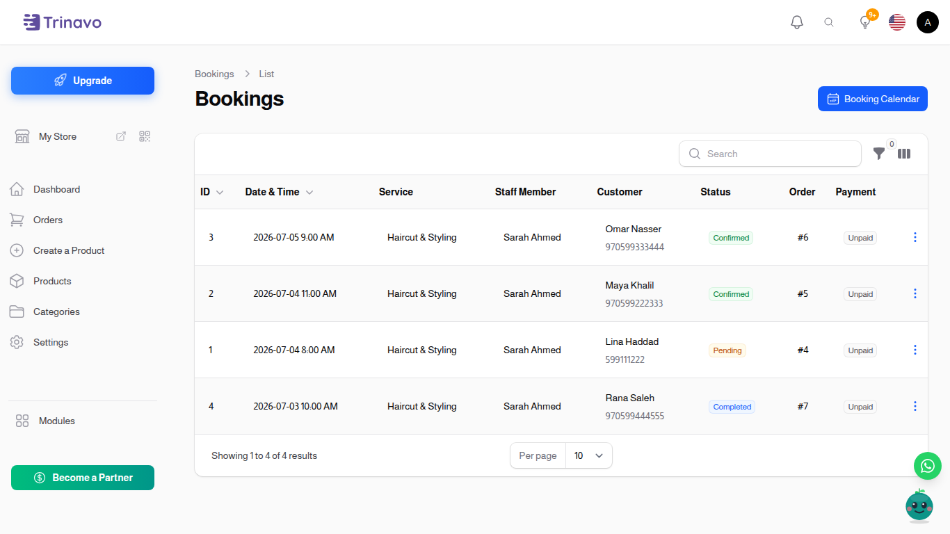 Bookings list with status and payment badges and the linked orders