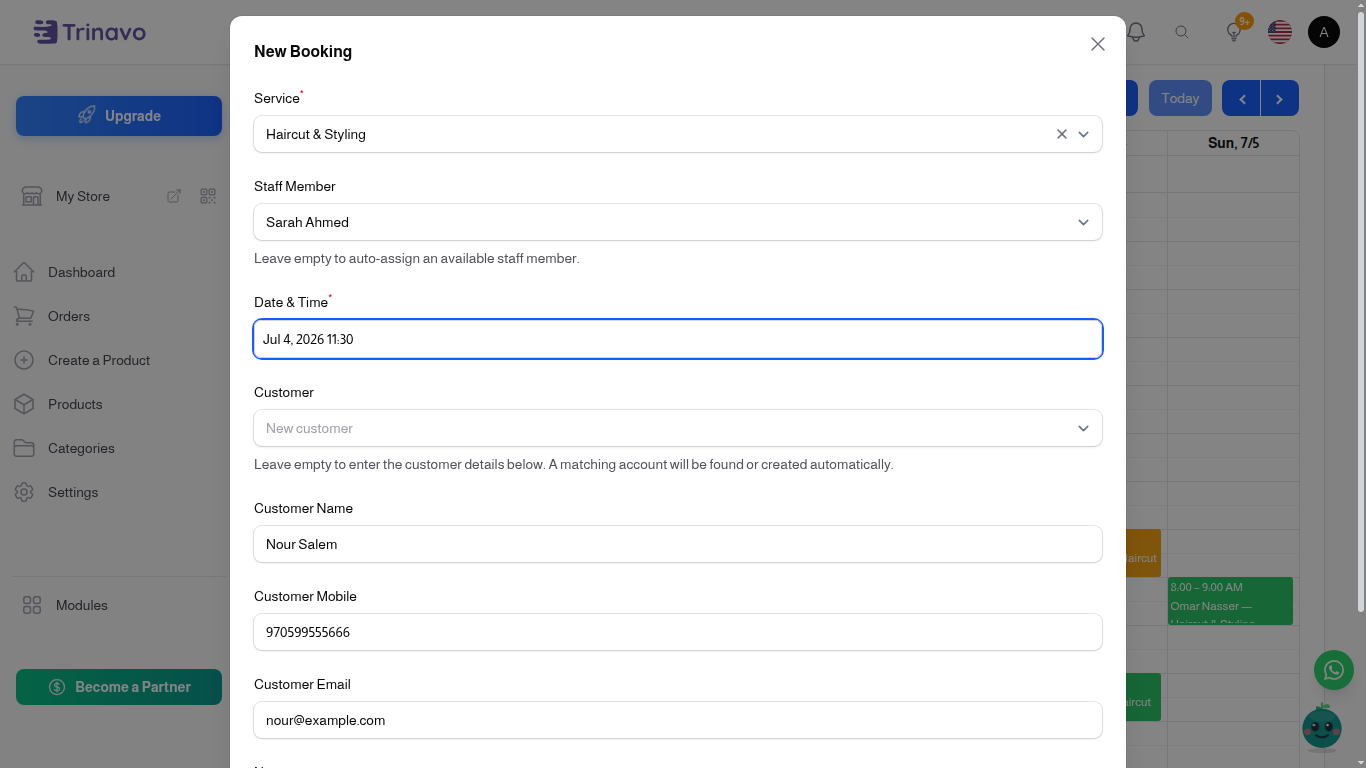 New Booking form with the service, staff member, date and time, and customer contact fields