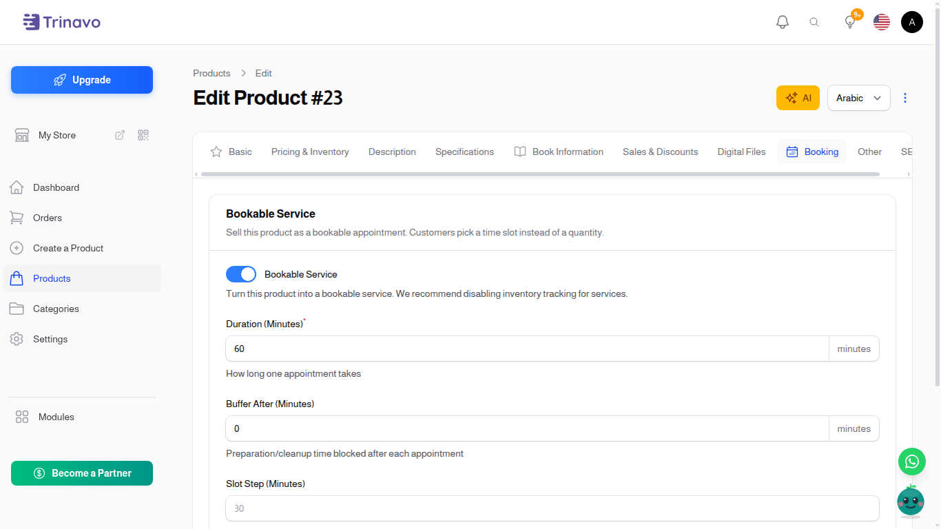 Product edit page on the Booking tab with the Bookable Service toggle, duration, and buffer