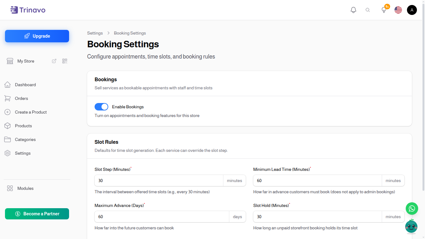 Booking Settings page with the Enable Bookings toggle and the slot rules