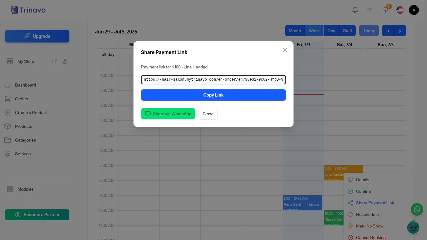 Share Payment Link window with the link field, the Copy Link button, and the WhatsApp button