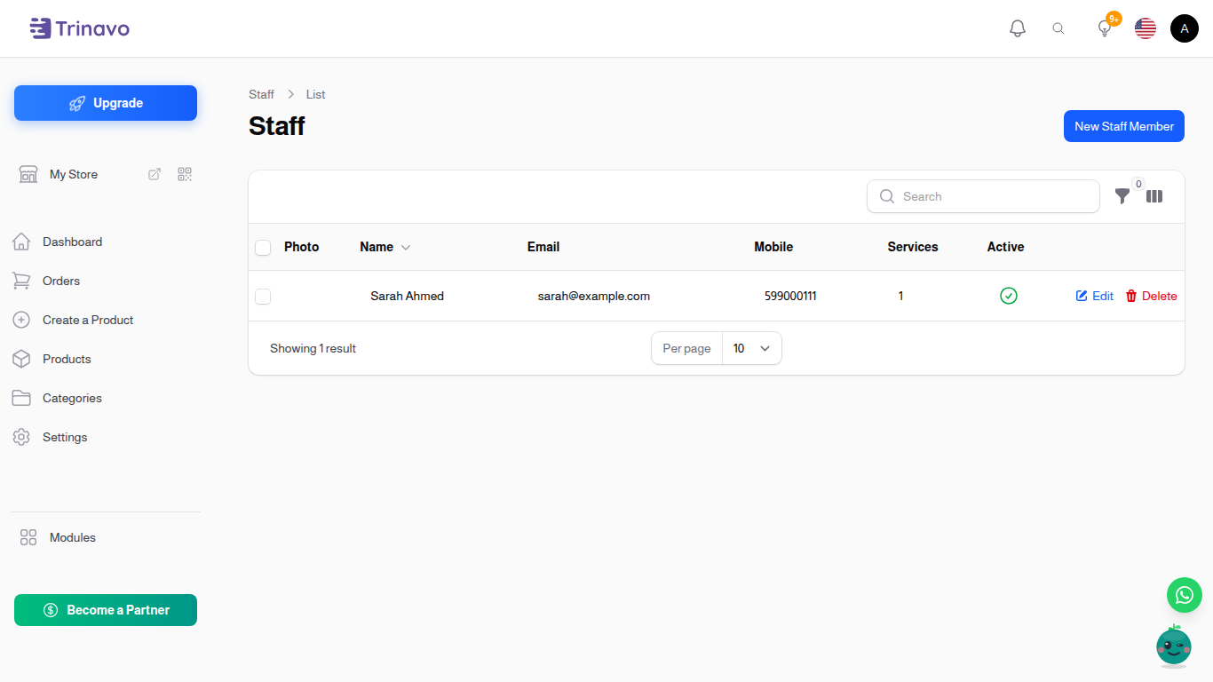 Staff list with one staff member, their services count, and active status