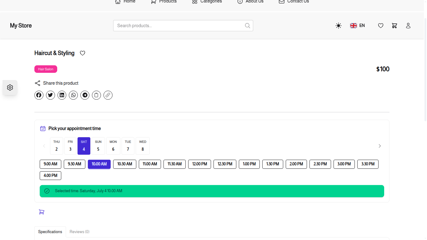 Storefront product page with the day strip, the time slots, and the selected time confirmation