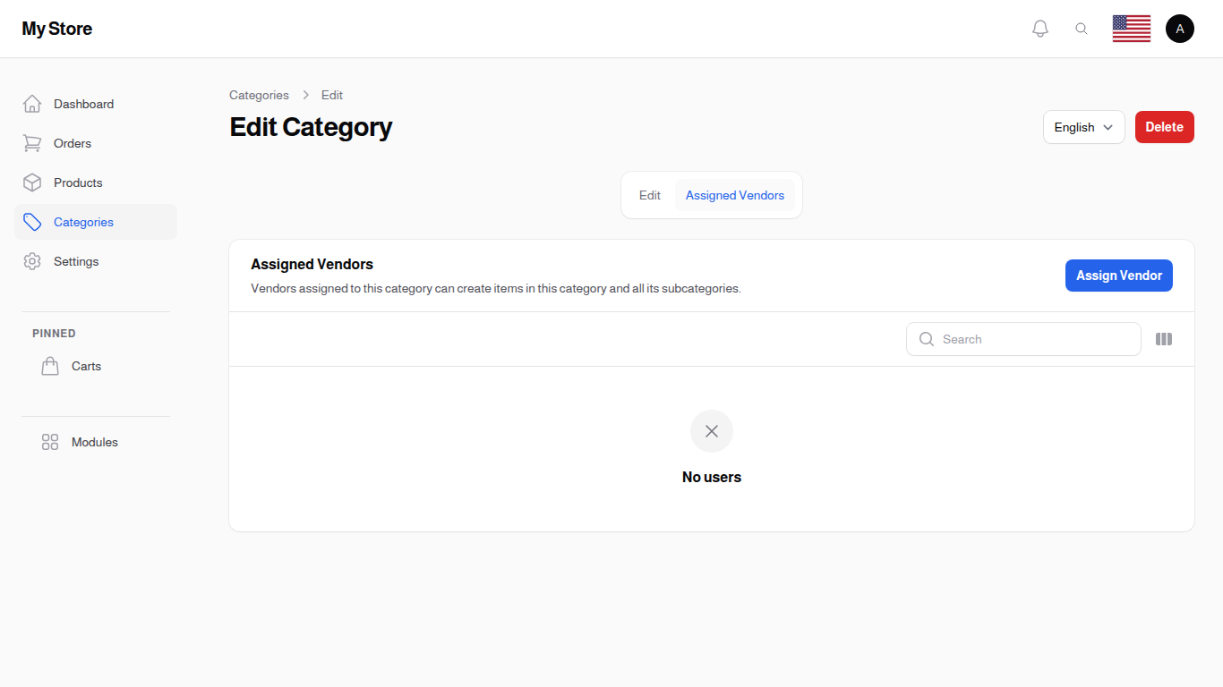 Category edit page — Vendors panel showing vendors currently allowed in this category