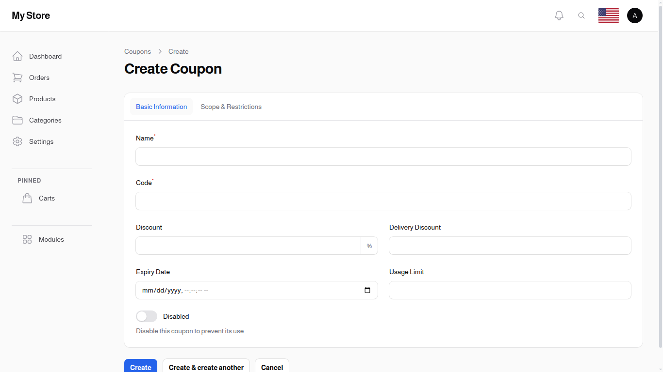Coupon Create — Basic Information tab