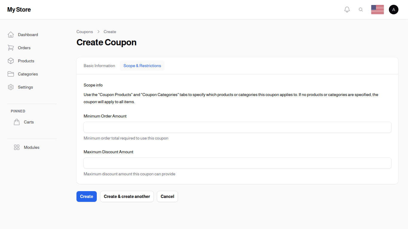 Coupon Create — Scope & Restrictions tab