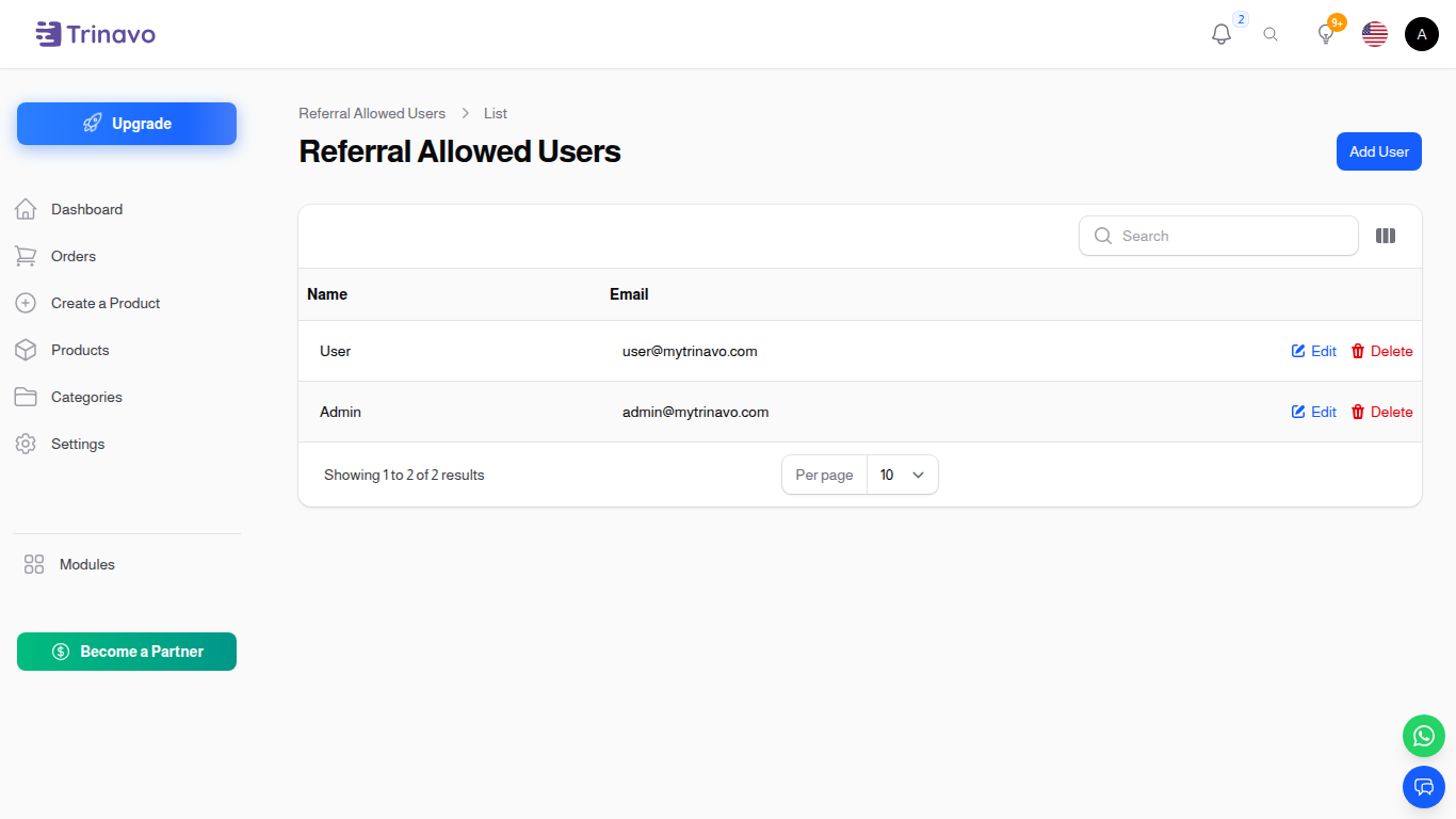 Customer Referral — Allowed Users list with the whitelist of program participants