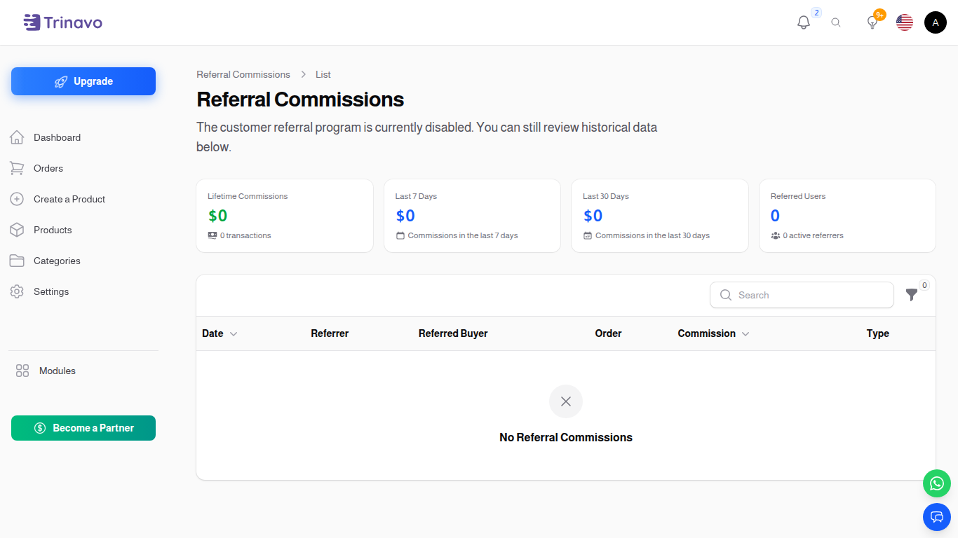 Customer Referrals dashboard — commission ledger with stats strip and per-row Earned/Reversed badges