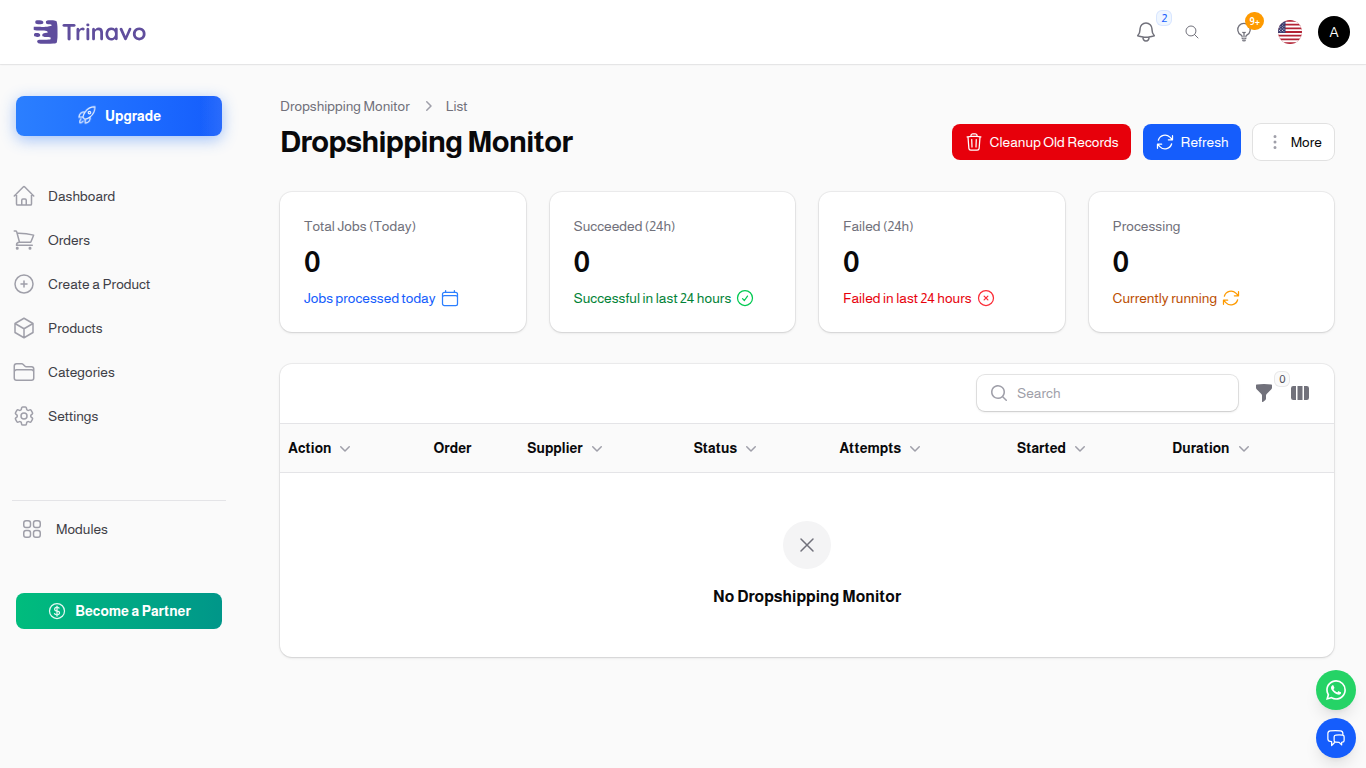 Dropshipping Monitor — full page including the stats widgets above the job list