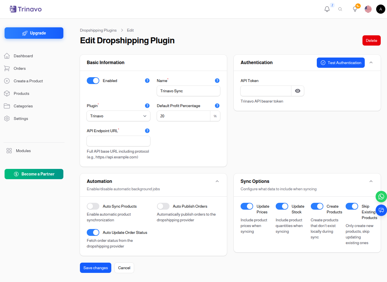 Edit Dropshipping Plugin form populated with the existing configuration