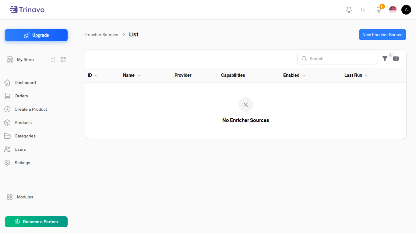 The Enricher Sources list, showing capabilities and last run