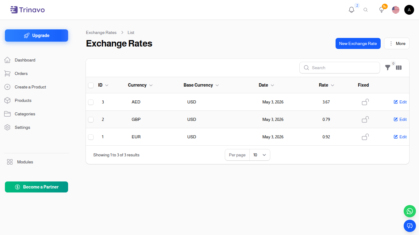 Exchange rates list — per-pair conversion rates used when displaying prices in non-base currencies