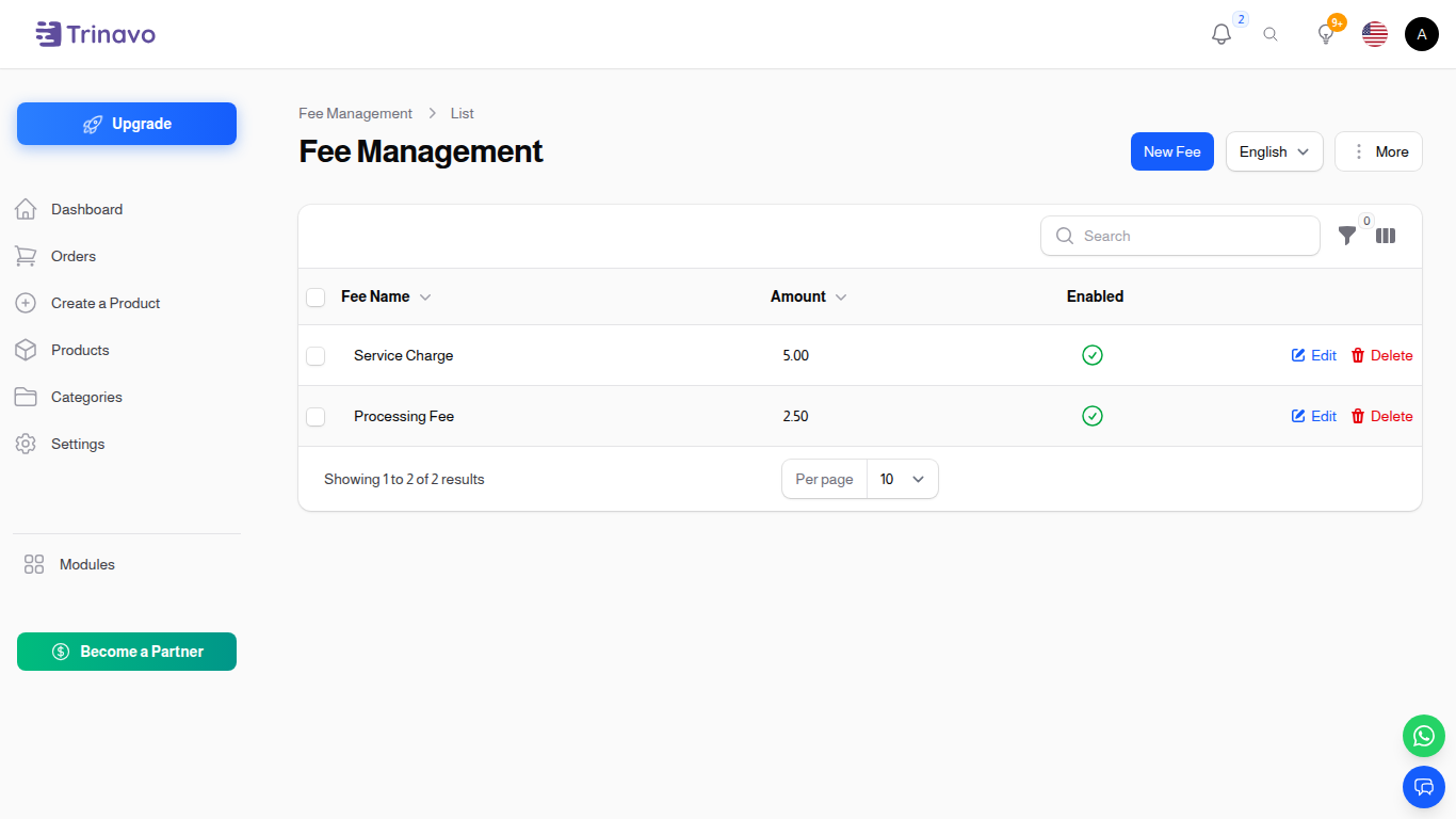 Fees list — alternate compact view used when filtering by scope or applicability