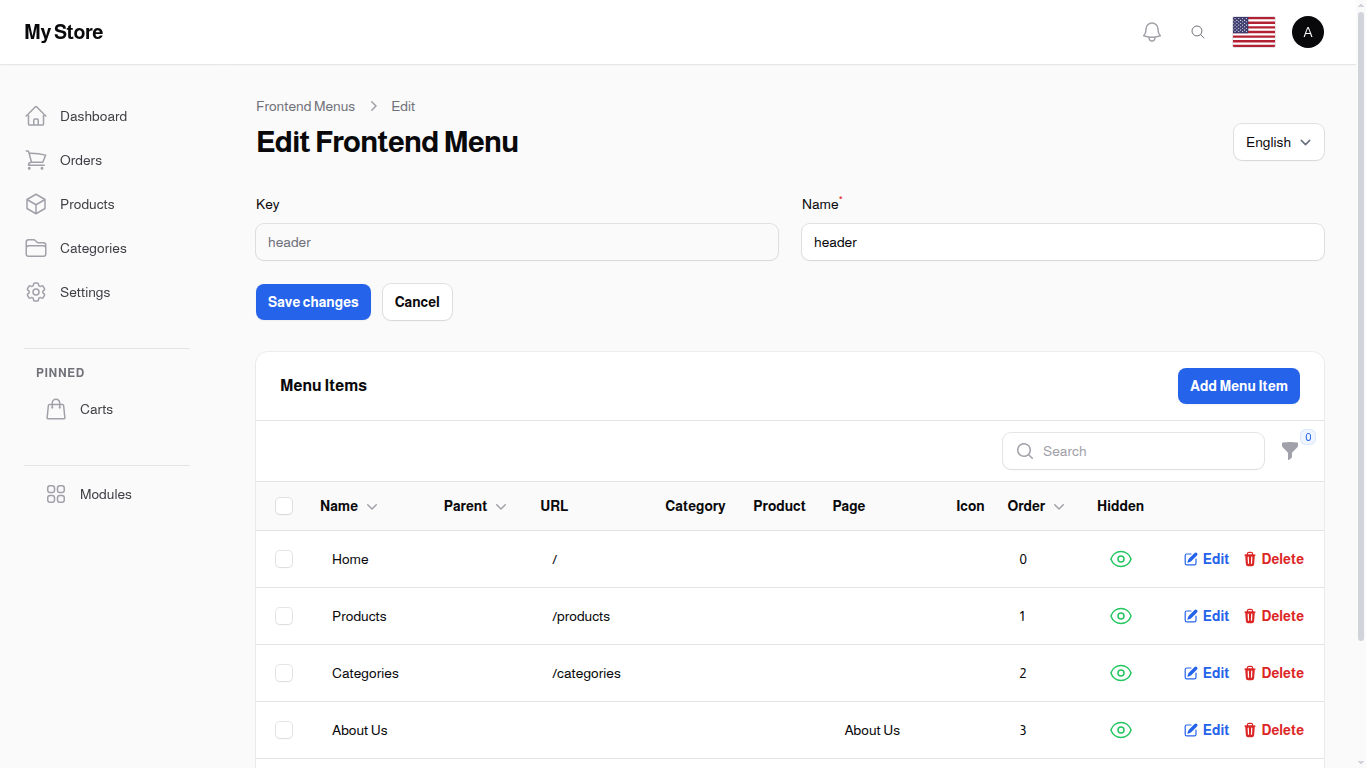 Edit Frontend Menu