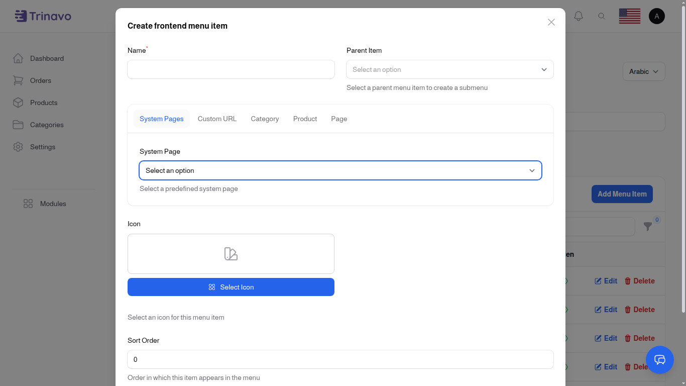 Add Menu Item - System Pages