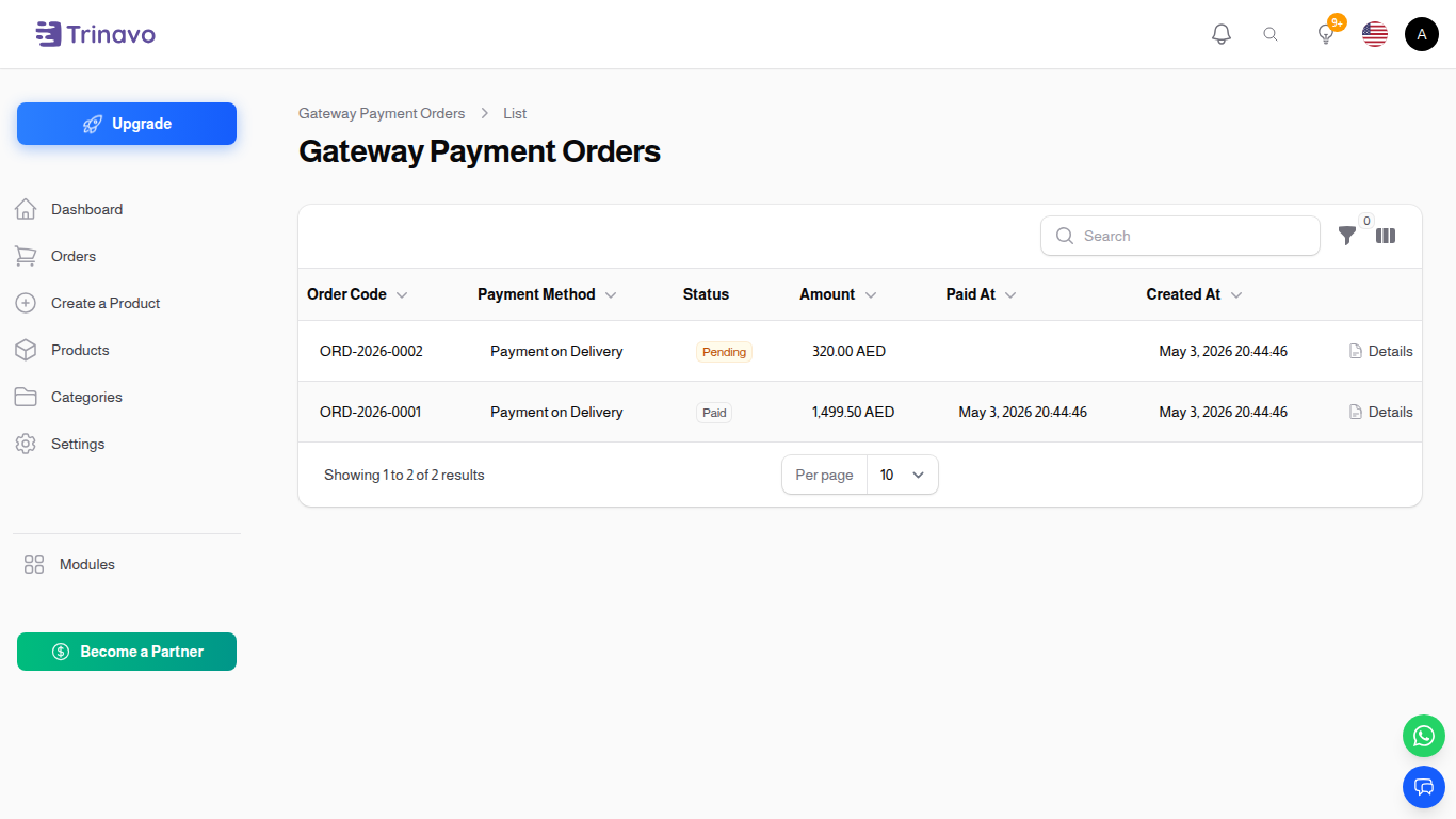 Gateway Payment Orders List