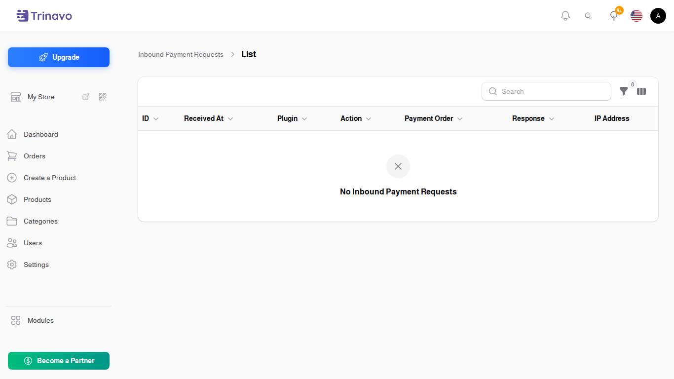 The Inbound Payment Requests log, showing plugin, action and response