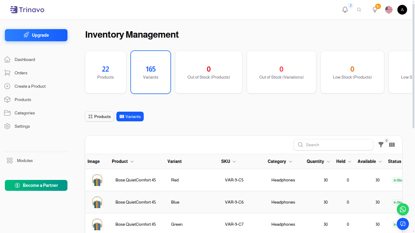 Inventory Management — Variants view