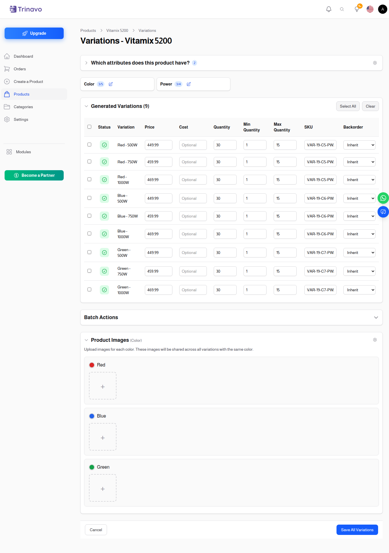 Item Variations list — all configured variants for a product side-by-side