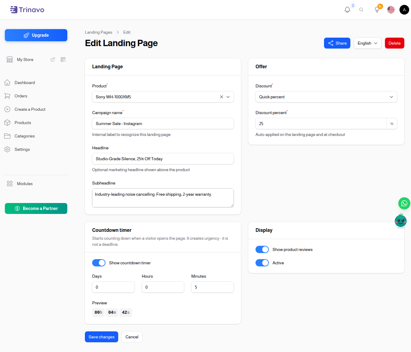 The full landing page form with the offer and countdown sections