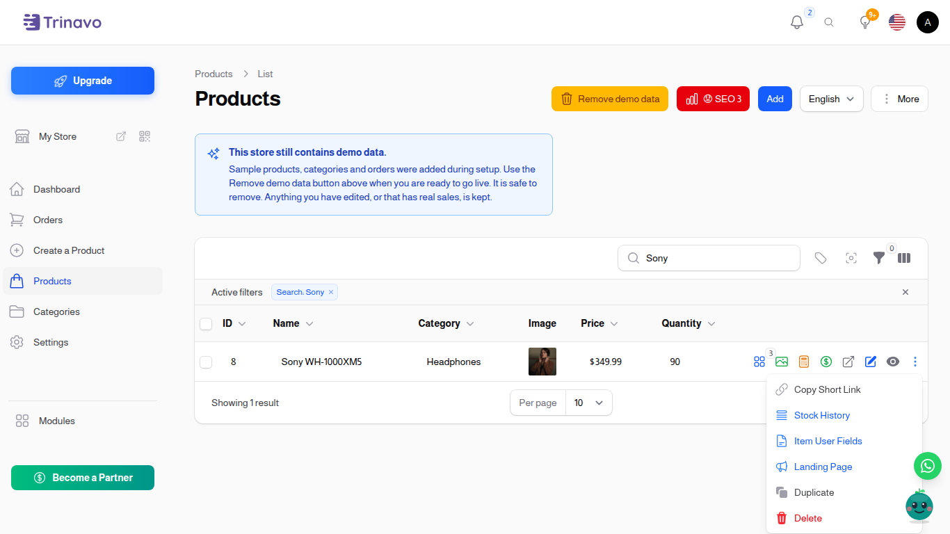 Creating a landing page from the product actions menu