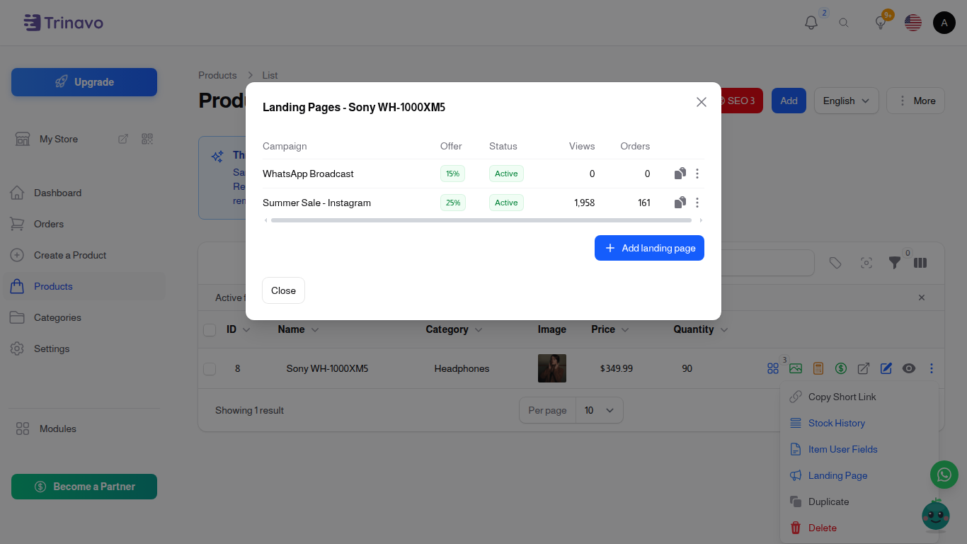 The landing pages of a product, with the copy button and the actions menu