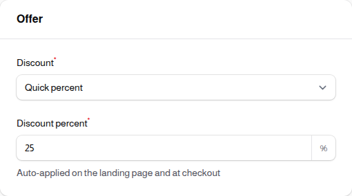 The offer section with a quick percent discount