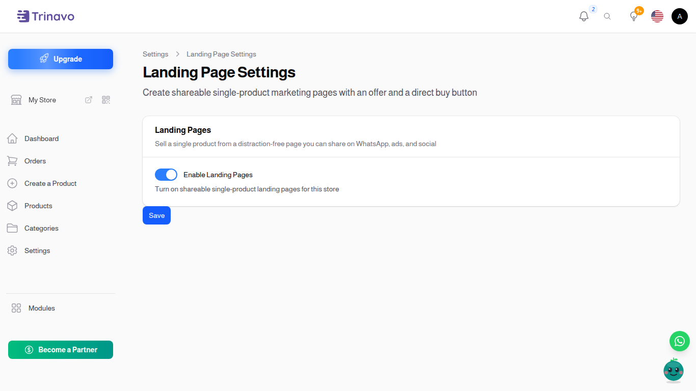 Landing Page Settings with the Enable Landing Pages toggle