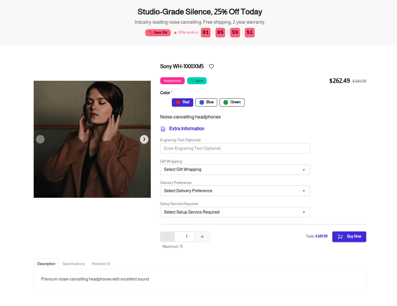 The landing page as customers see it, with the offer, the countdown, and the Buy Now button