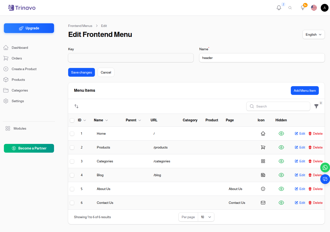 Menu builder — drag-and-drop menu structure with nested item nodes