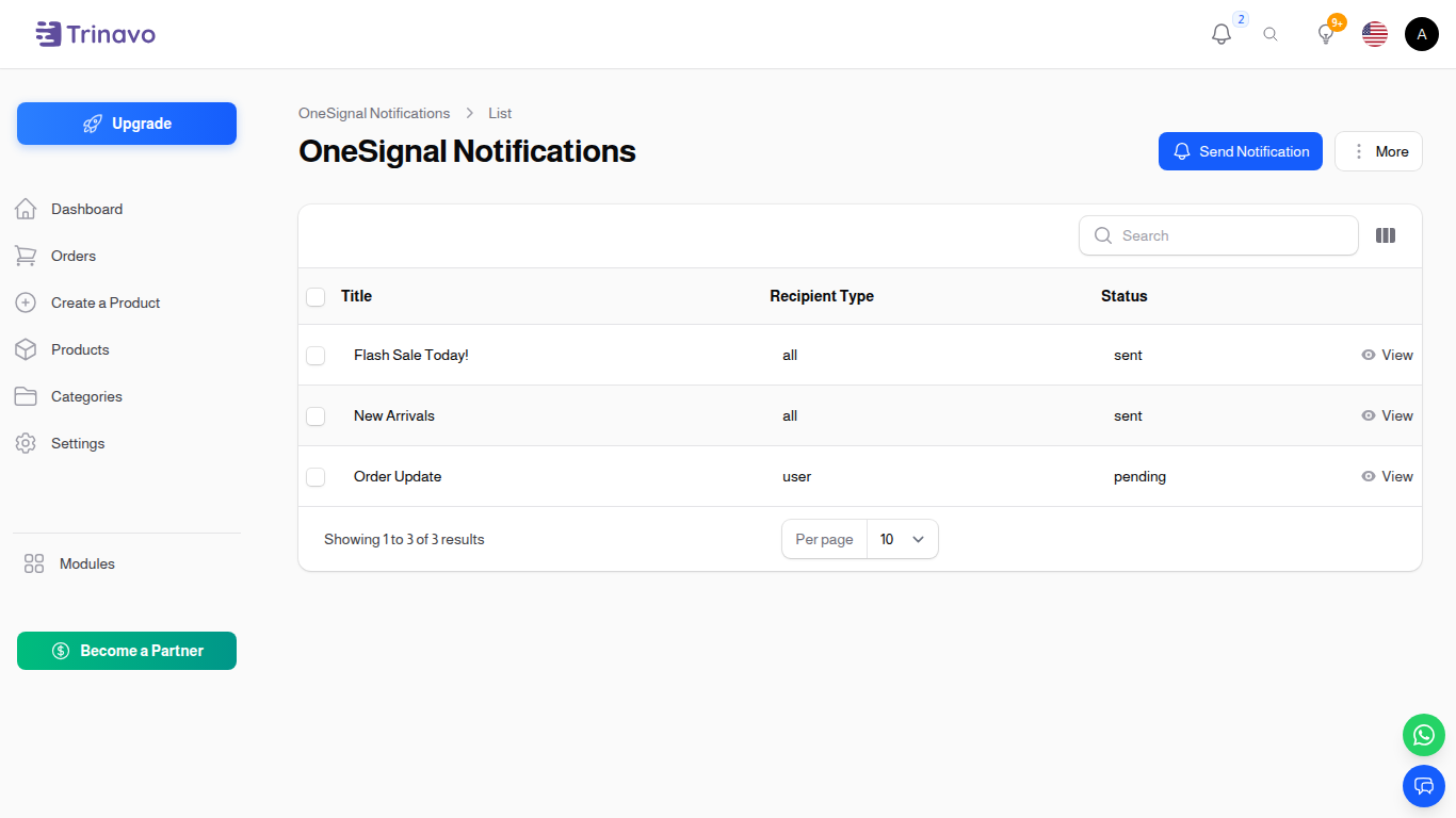 Notifications list — historical view filtered by recipient type and status