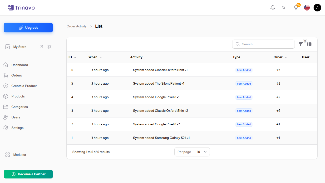The Order Activity log, newest first, with the Source column