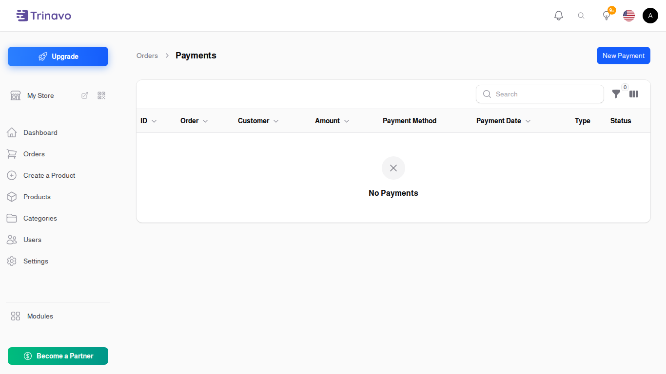 The Payments list, showing type and status per payment