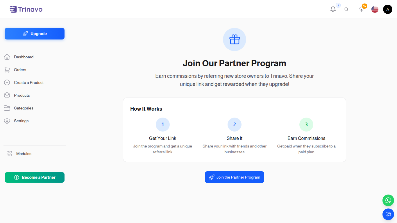 Partner Program landing — alternate B2B affiliate dashboard reachable from the same module