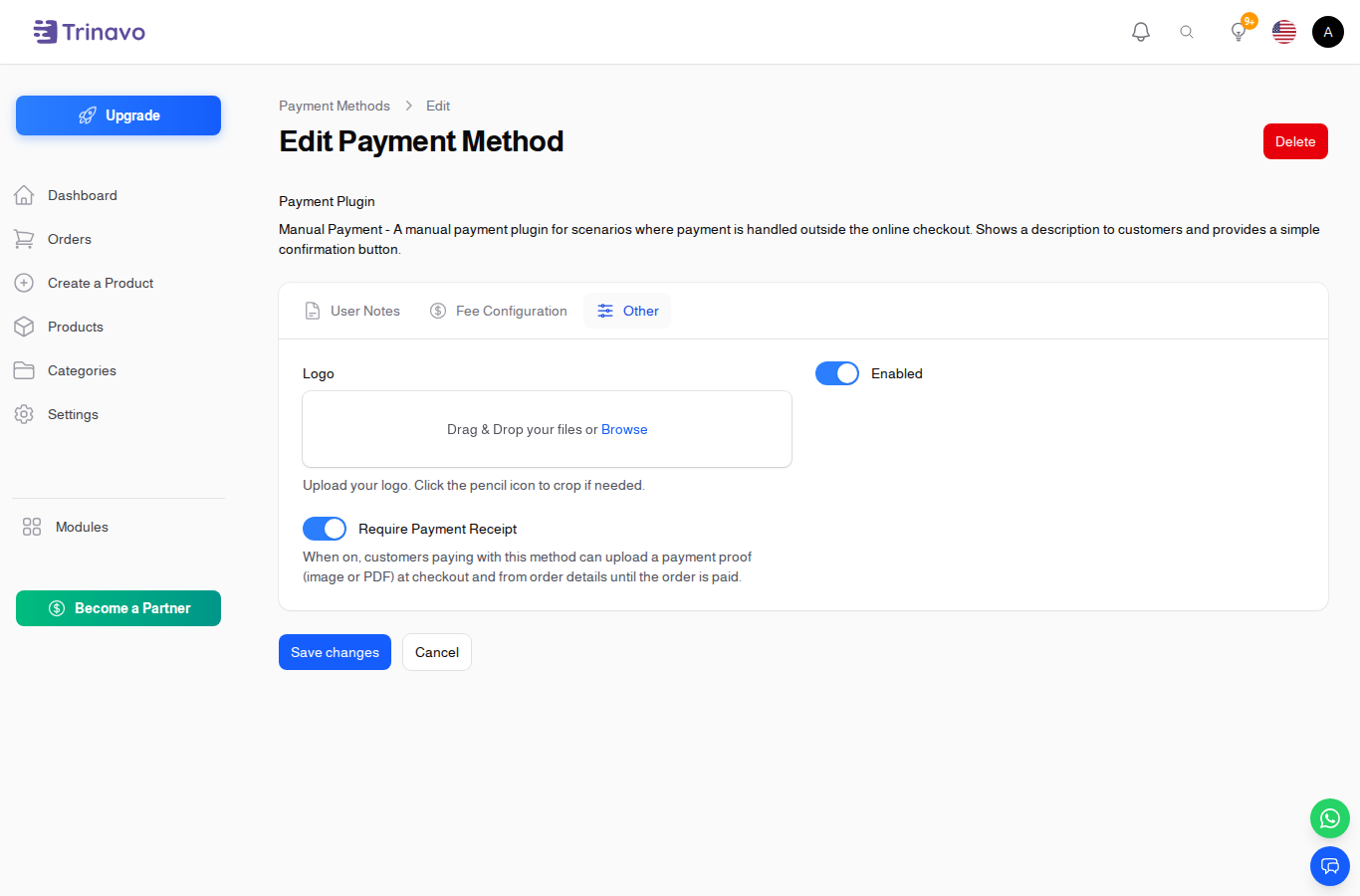Manual Payment configuration with Require Payment Receipt toggle