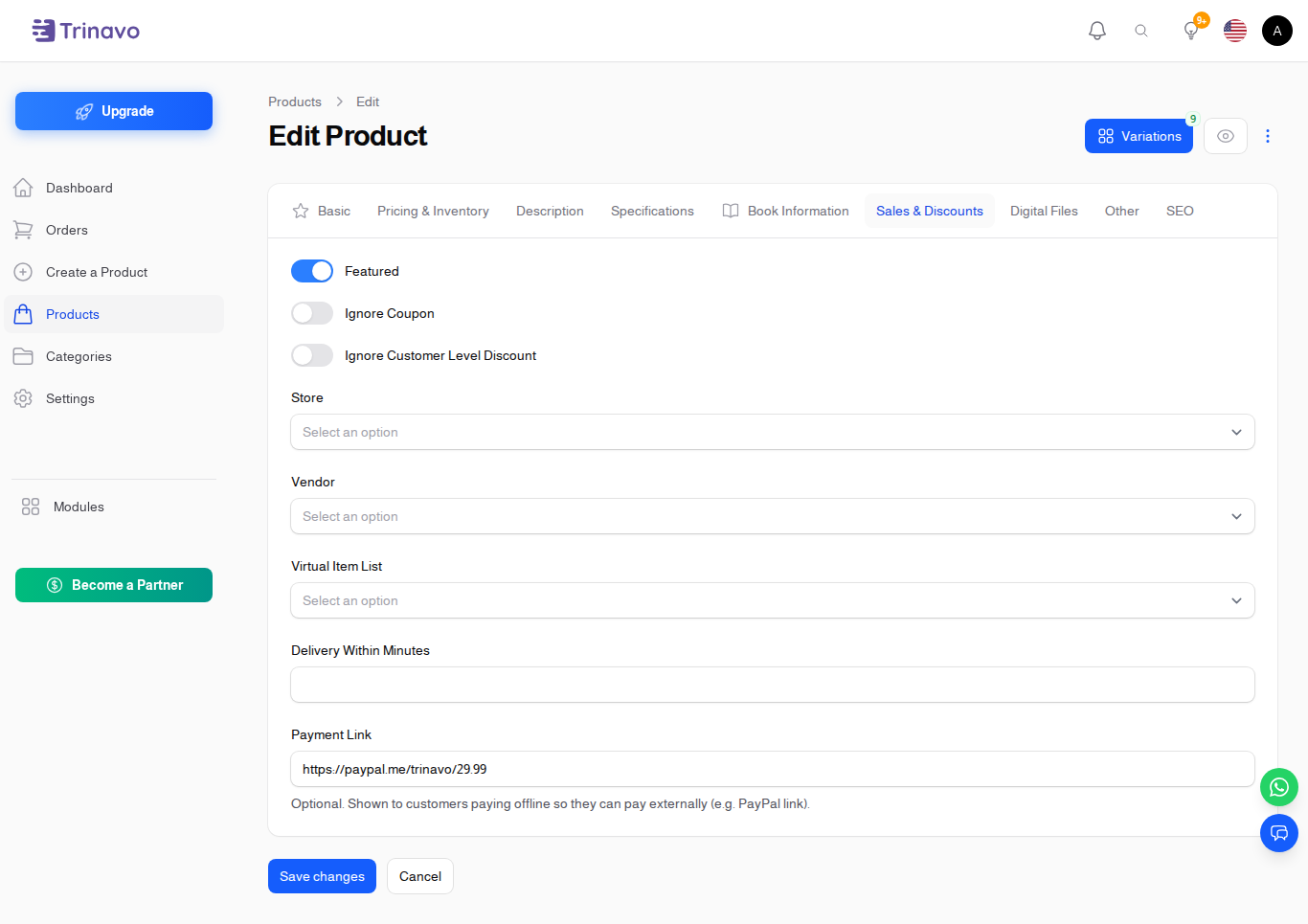Payment Link field on the Sales & Discounts tab